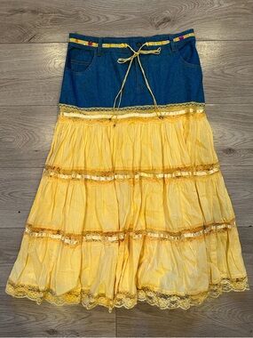 Y2K Denim-Waist Yellow Tiered Maxi Skirt With Beaded/Sequin Waist Details